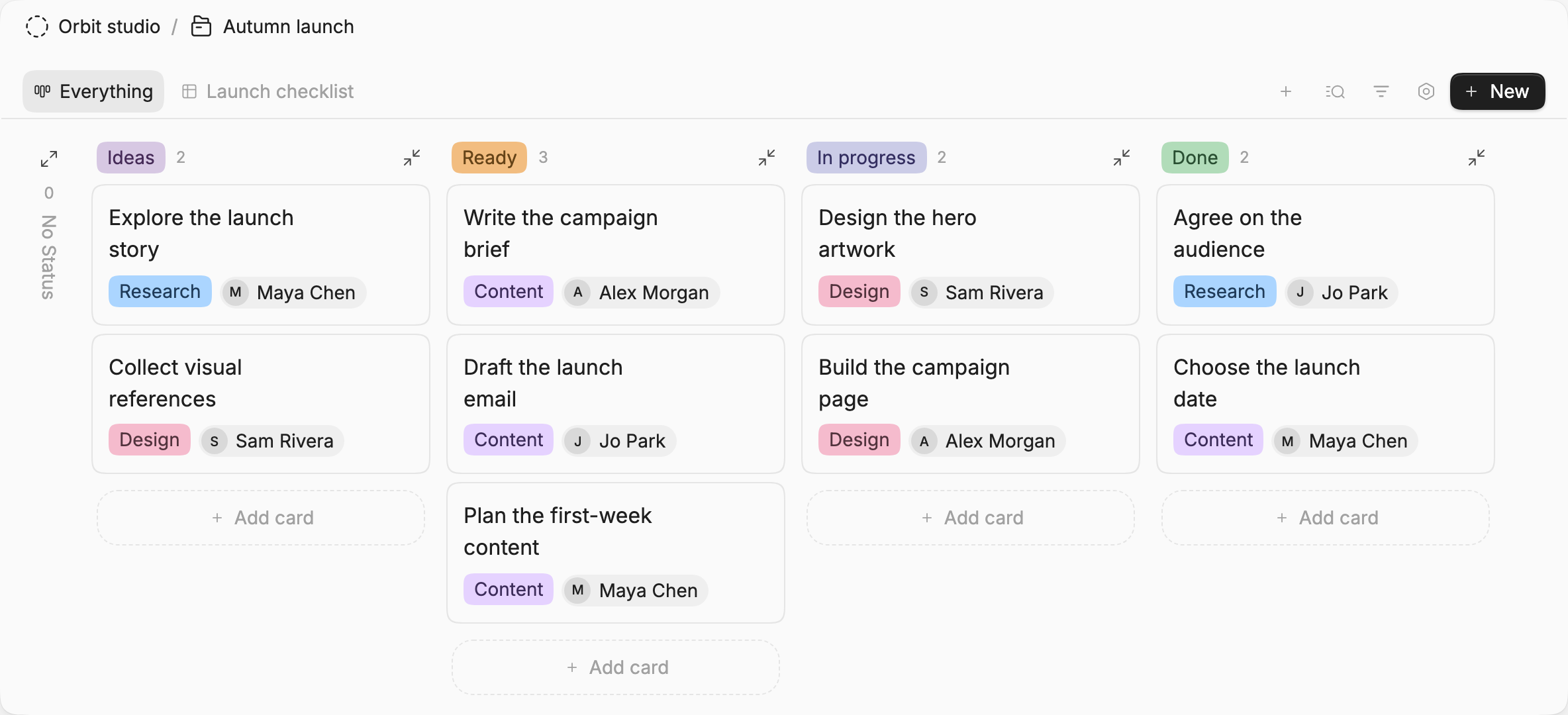 Launch tasks grouped by status, with work type and owner on each card