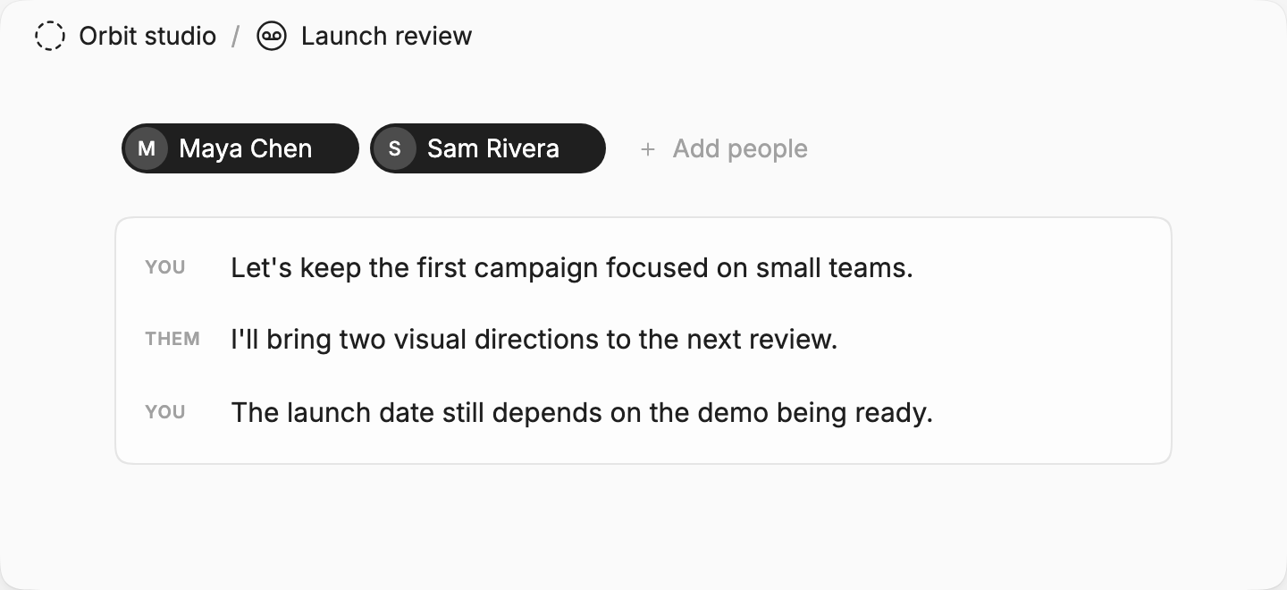 Launch review with Maya and Sam discussing the audience, visual directions, and unresolved date