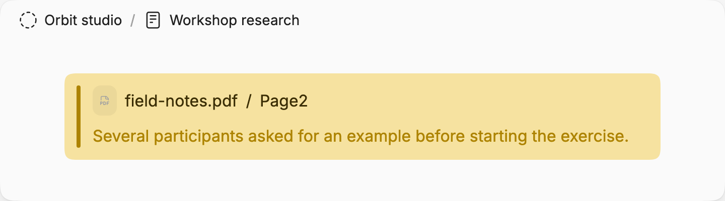 A PDF annotation from field-notes.pdf, page 2, about participants asking for an example