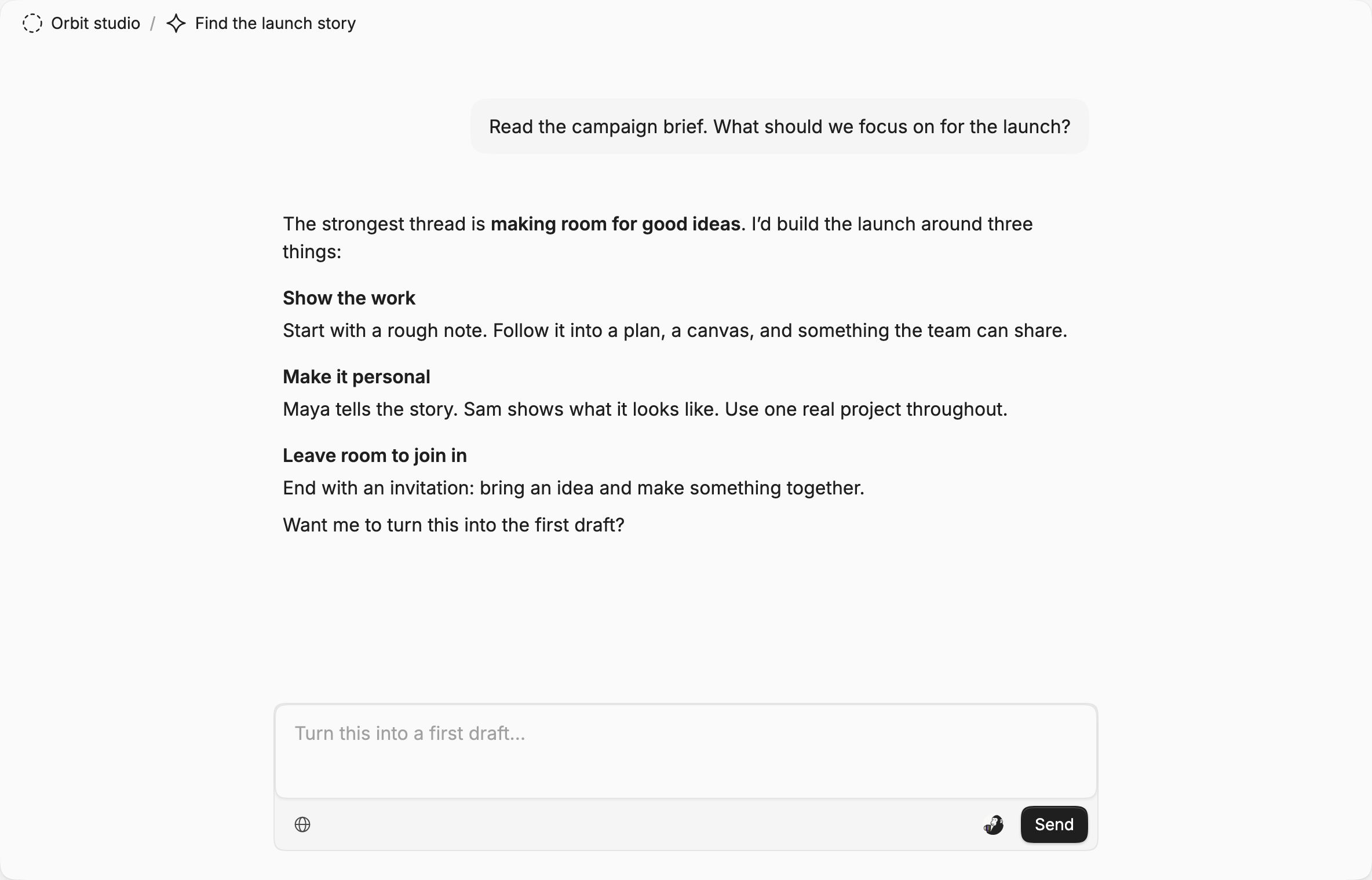 An AI conversation about the campaign brief, with a response grounded in the launch project and a composer for the next request.