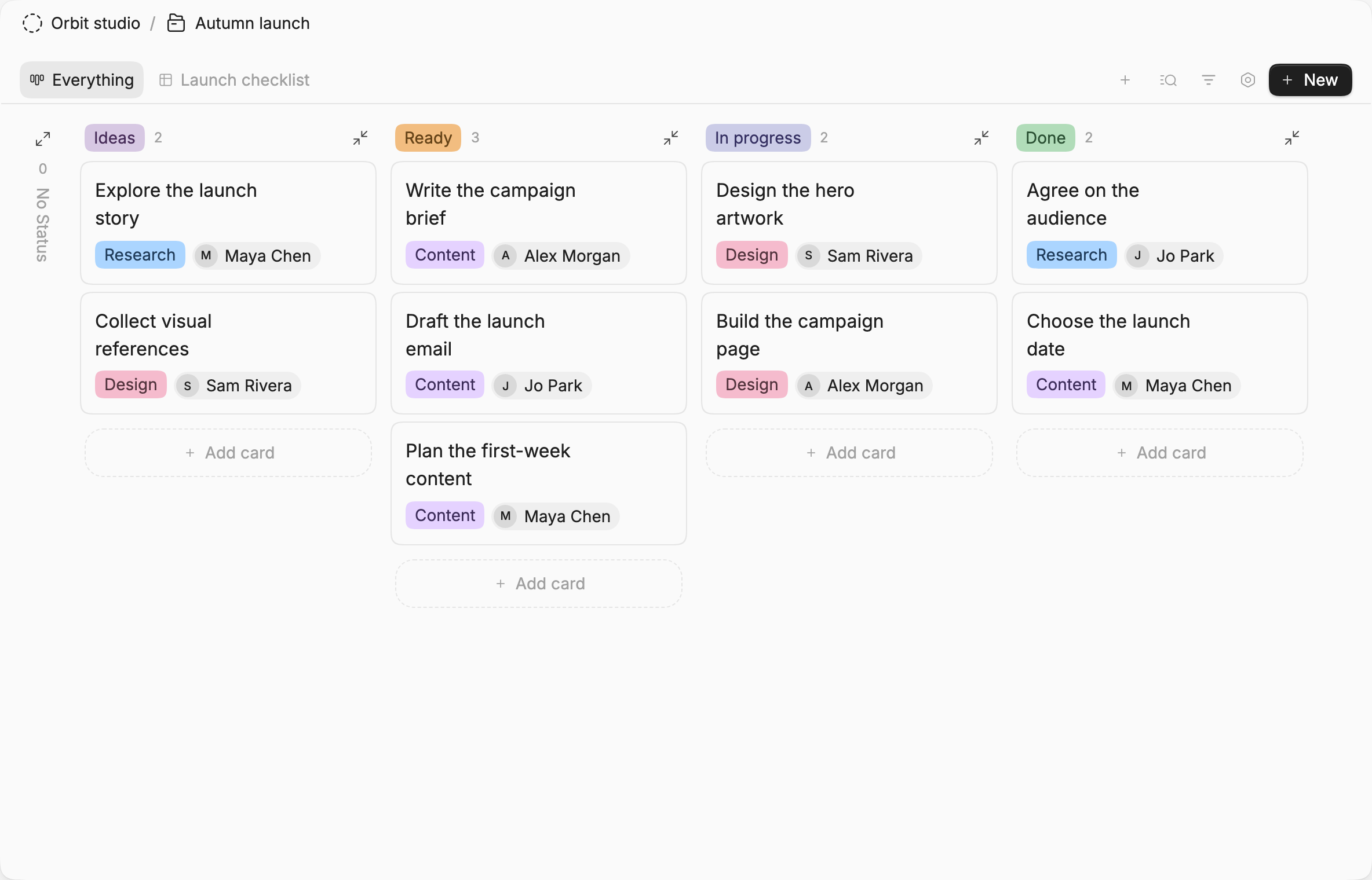 The autumn launch board with tasks grouped by progress and assigned to teammates.