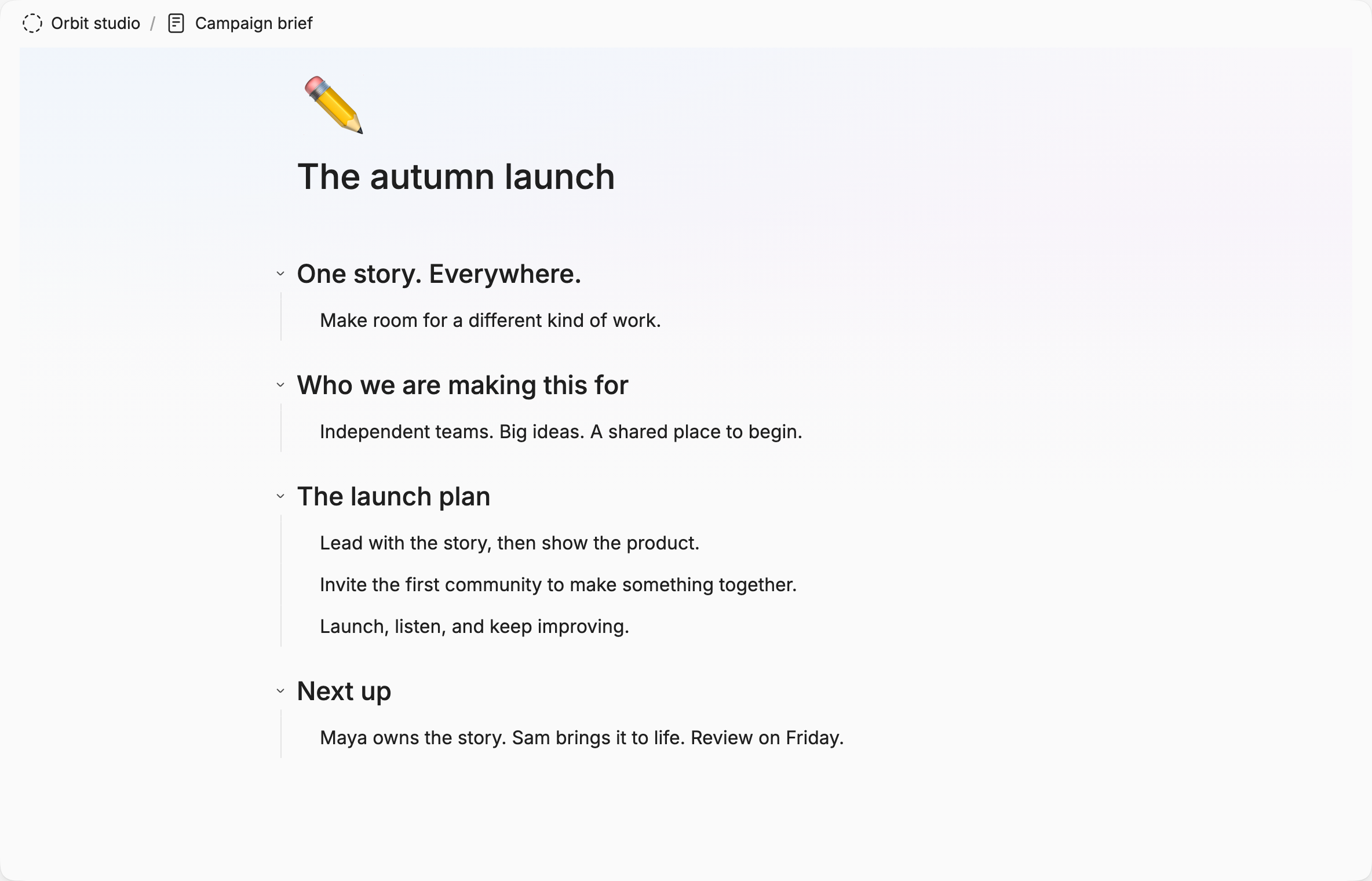 An editable campaign brief with nested sections for the audience, launch plan, and next steps.
