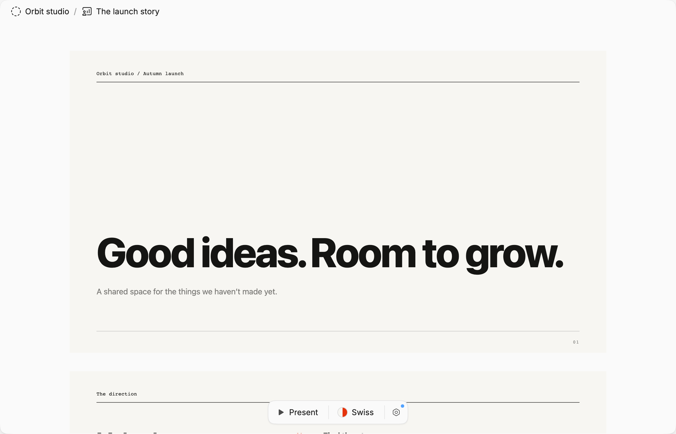 A typographic launch presentation inside the workspace, with controls to present and change its visual theme.